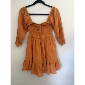 Indikah Smocked Cotton Mini Dress Brown Terracotta Boho Ruffle Tiered Size Sm